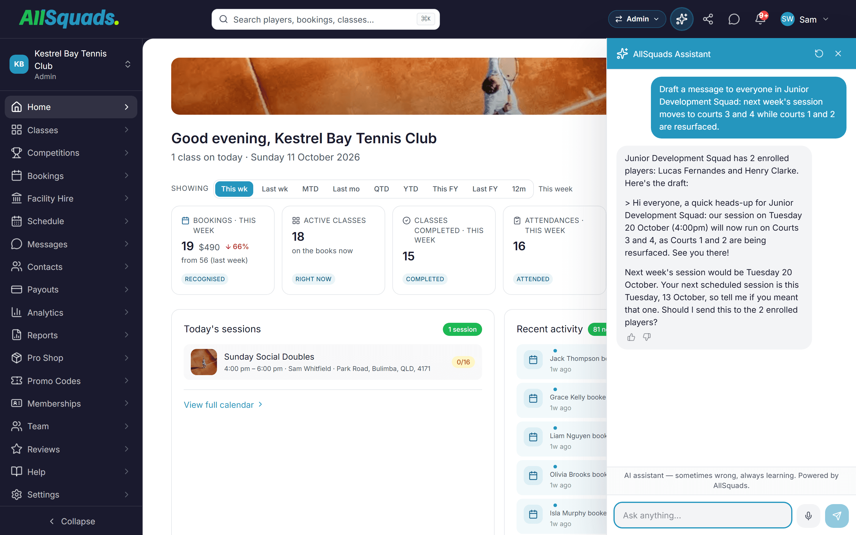 A tennis club's AllSquads dashboard with the assistant open beside it, drafting a message to the club's junior squad