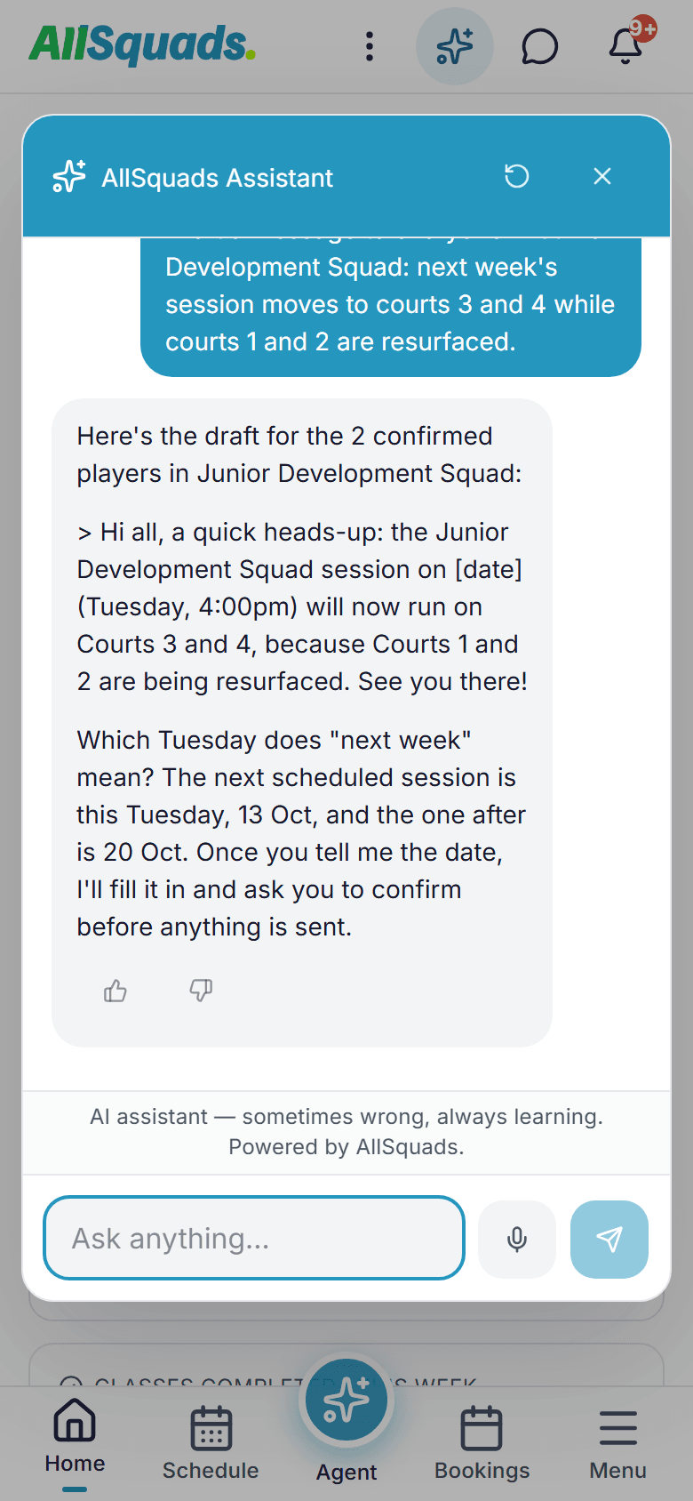 The AllSquads assistant on a phone: the drafted squad message, and a check with the club before anything is sent