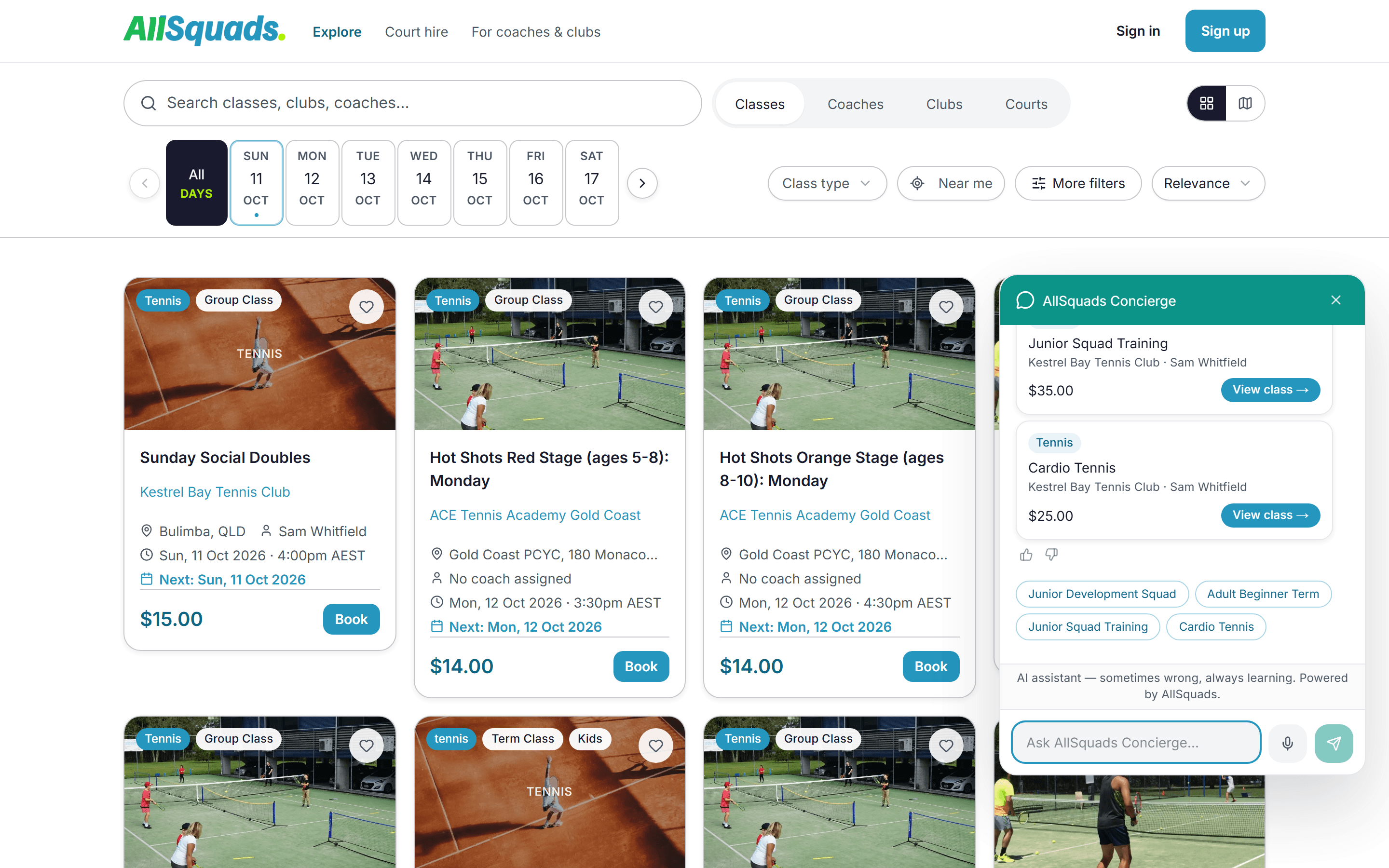 The AllSquads Concierge open on the Explore page, suggesting a tennis club's classes