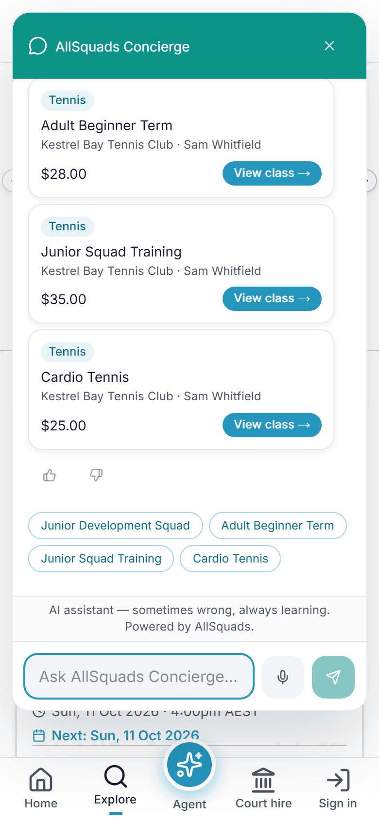 The AllSquads Concierge on a phone, listing a club's tennis classes with a View class button on each