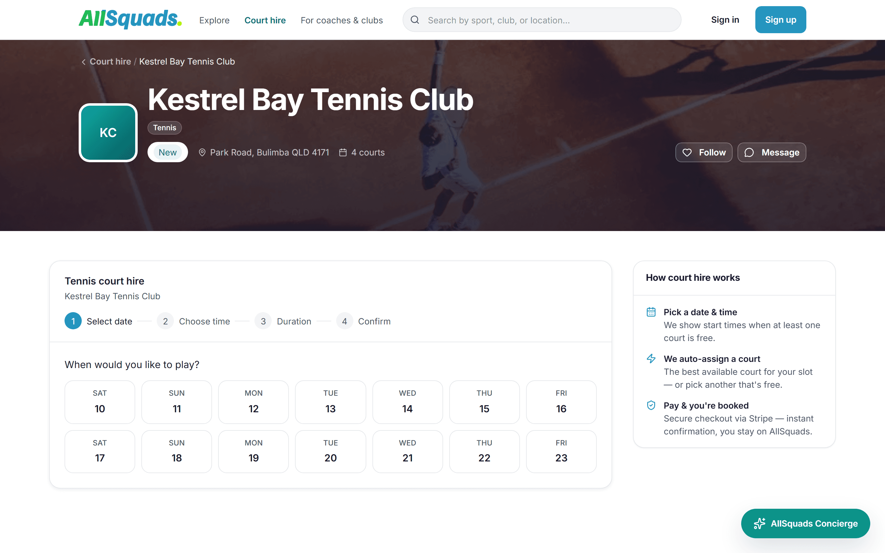 AllSquads court booking page showing the date picker and book-a-court steps
