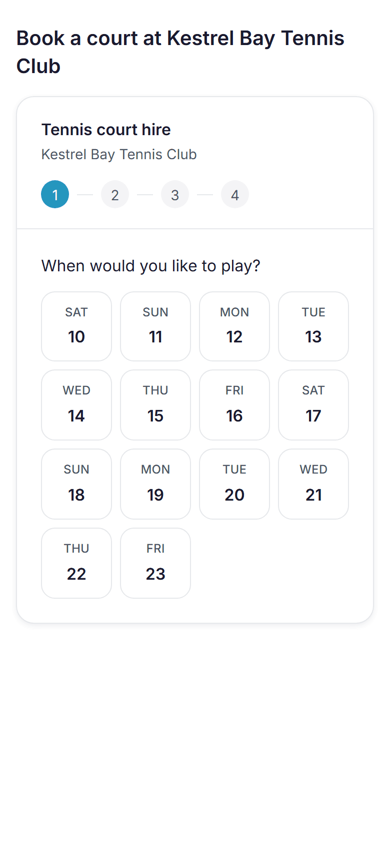 The AllSquads court-hire widget embedded on a club website: tennis court hire, pick a date