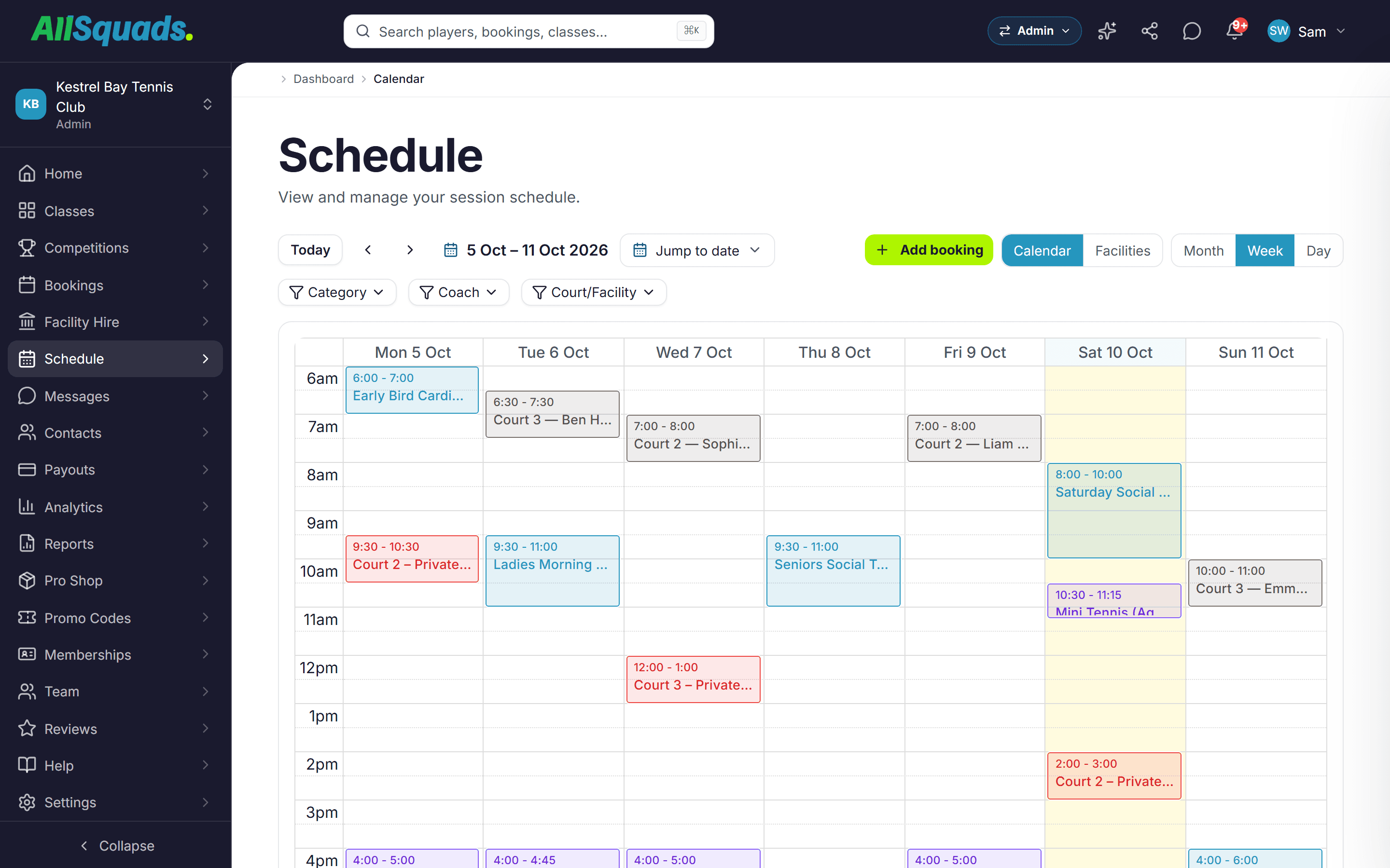 AllSquads club Schedule — a week of classes and court bookings colour-coded on the dashboard calendar