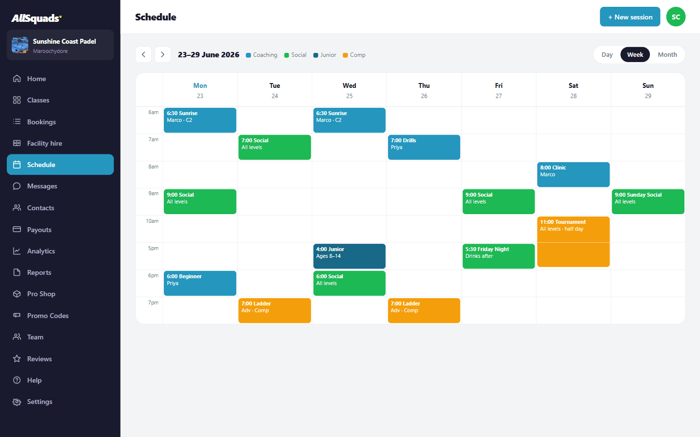 AllSquads club Schedule — a week of classes colour-coded by type on the dashboard calendar
