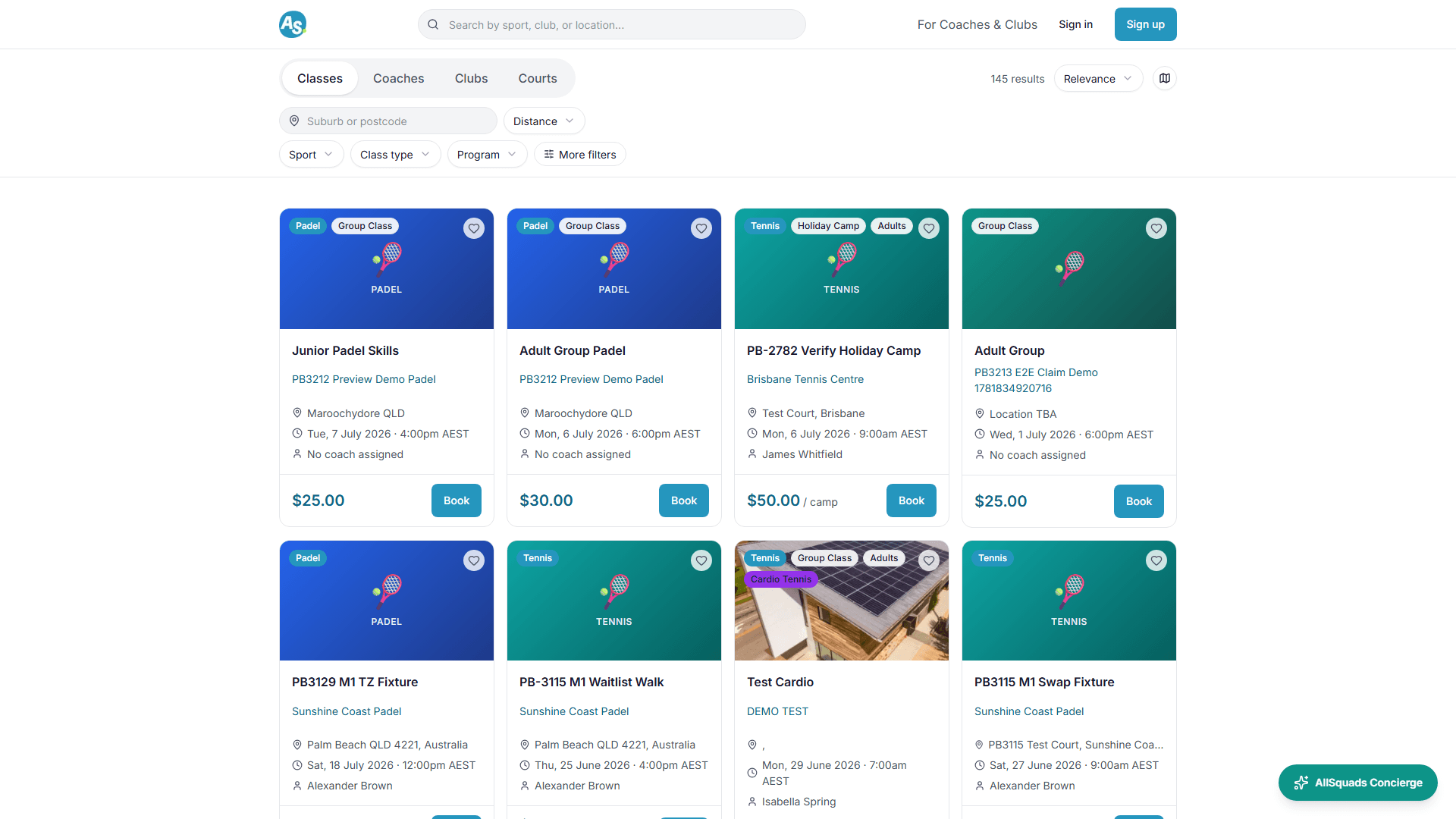 AllSquads Explore page showing bookable classes near you with sport, price and location