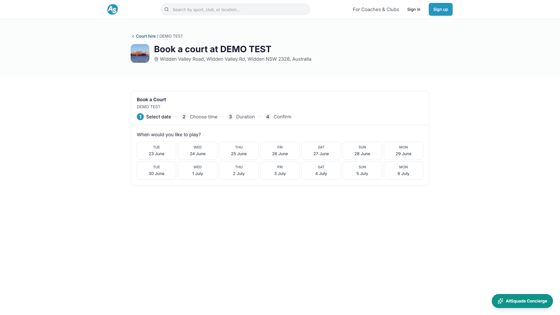 AllSquads court booking page showing the date picker and book-a-court steps